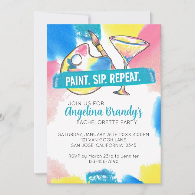 Colourful Paint Sip Repeat Bachelorette Party Invitation (Front)