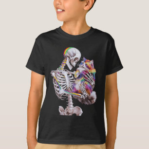 Colourful Paint Splash Cat And Skeleton Art Graphi T-Shirt