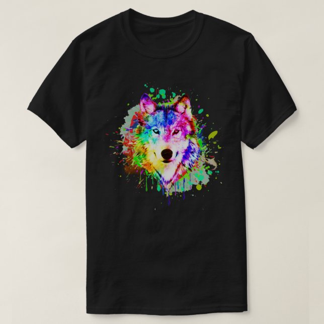 Colourful Paint Splash Wolf Art T-Shirt (Design Front)