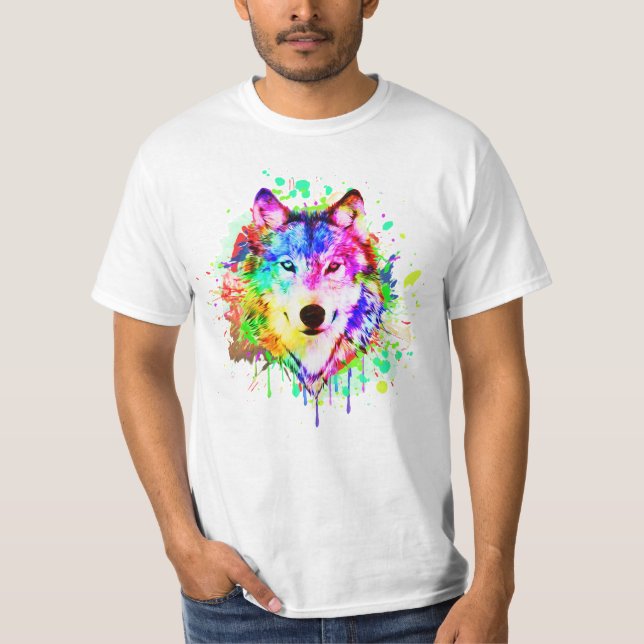Colourful Paint Splash Wolf Art T-Shirt (Front)