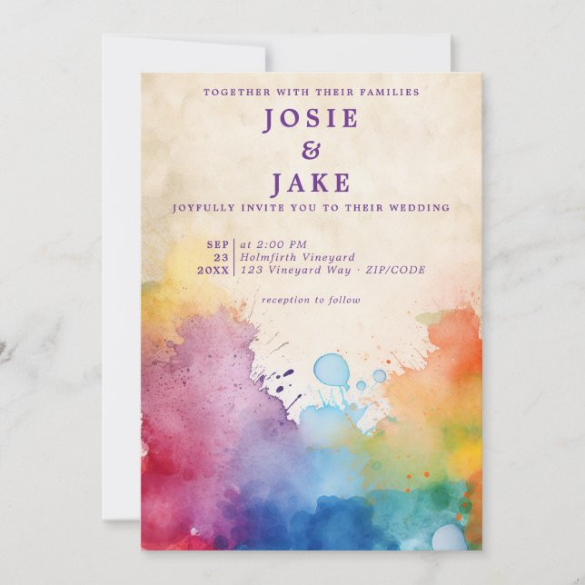 Colourful paint splashes fun wedding invitation (Front)