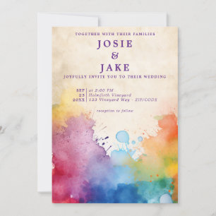 Colourful paint splashes fun wedding invitation