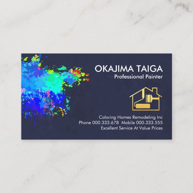 Colourful Paint Splatter On Wall Painter Business Card (Front)