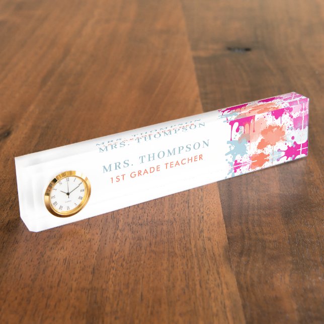 Colourful Paint Splatters Personalised Teacher Nameplate (Side)