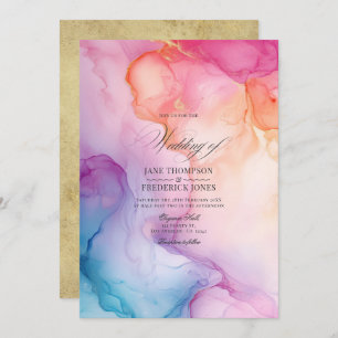 Colourful Paint Swirls with Gold Accents Wedding Invitation