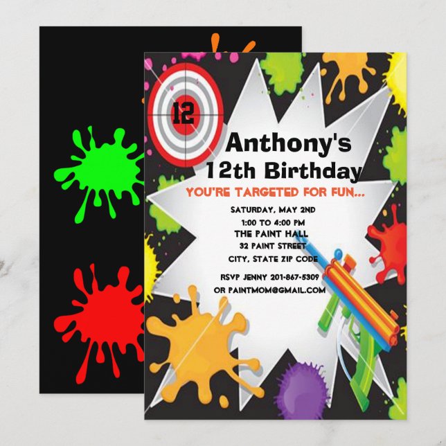 Colourful Paintball Birthday Party Invitation (Front/Back)