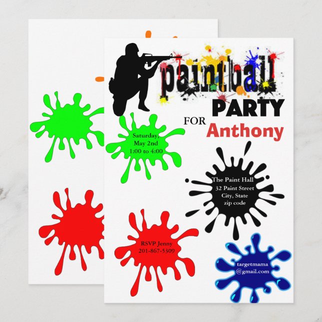 Colourful Paintball Birthday Party Invitation (Front/Back)