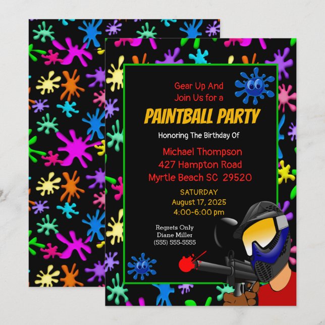 Colourful Paintball Birthday Party Invitation (Front/Back)