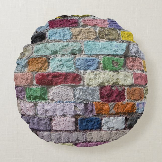 Colourful Painted Brick Wall Texture Round Cushion (Front)