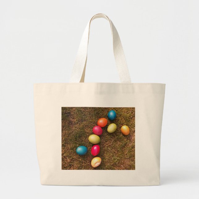 Colourful Painted Eggs in Garden, Easter Egg Large Tote Bag (Front)