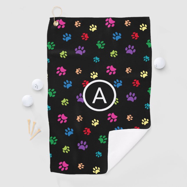 Colourful Painted Paw Prints Monogram Golf Towel (InSitu)