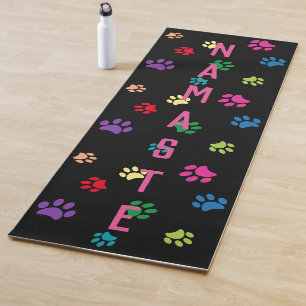 Colourful Painted Paw Prints Namaste & Name Black Yoga Mat