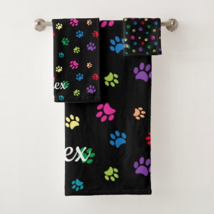 Colourful Painted Paw Prints on Black Bath Towel Set