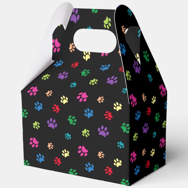 Colourful Painted Paw Prints on Black Favour Box (Front)