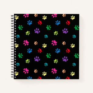 Colourful Painted Paw Prints on Black Notebook