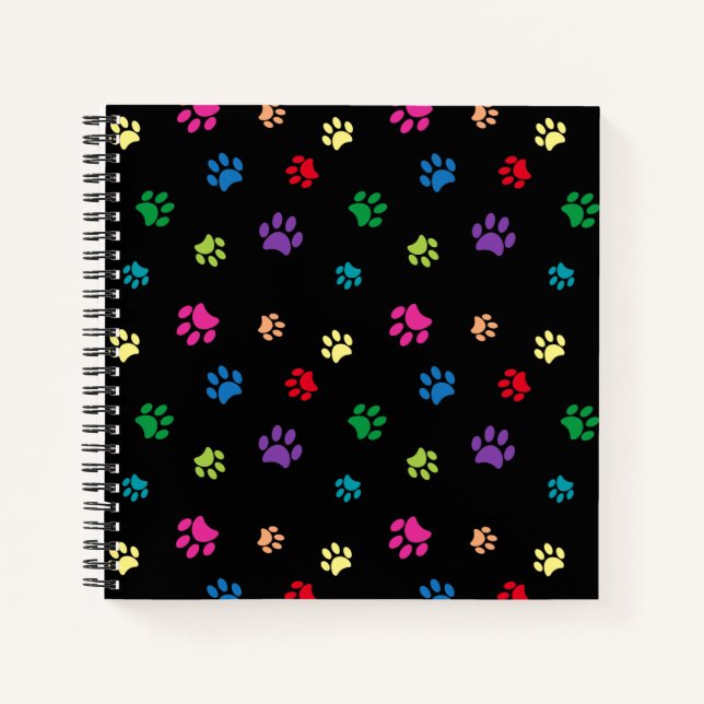 Colourful Painted Paw Prints on Black Notebook (Front)