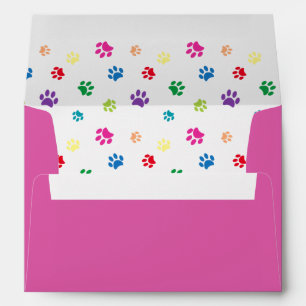 Colourful Painted Paw Prints Pink Name and Address Envelopes
