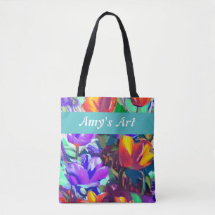 Colourful painted tulips, personalizable tote bag