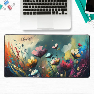 Colourful Painted Wildflowers Personalised Name Desk Mat
