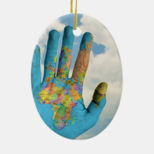 Colourful Painted World Map in Hands, Art Photo Ceramic Tree Decoration