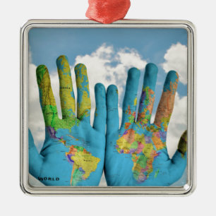 Colourful Painted World Map in Hands, Art Photo Metal Tree Decoration
