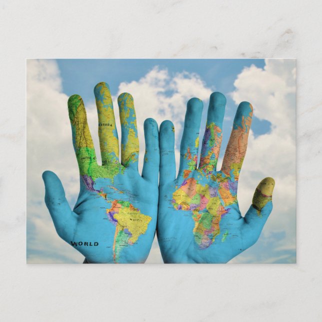Colourful Painted World Map in Hands, Art Photo Postcard (Front)