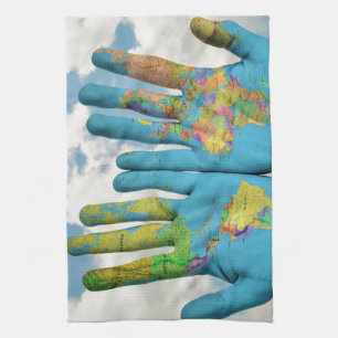 Colourful Painted World Map in Hands, Art Photo Tea Towel