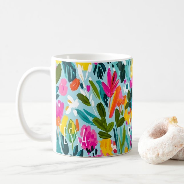 Colourful Painterly Botanical Art Coffee Mug (With Donut)