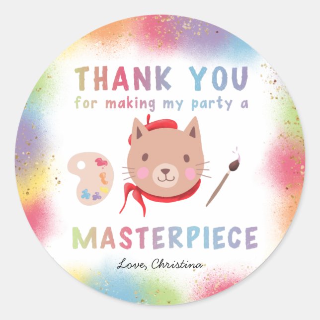 Colourful Painting Birthday Party Kitty Cat Favour Classic Round Sticker (Front)