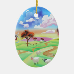 Colourful painting of cow and sheep Gordon Bruce Ceramic Tree Decoration