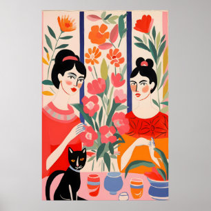 Colourful Painting of Two Ladies Drinking Tea Poster