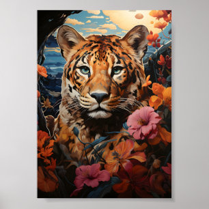 Colourful Painting With Tiger And Flowers At Sunse Poster