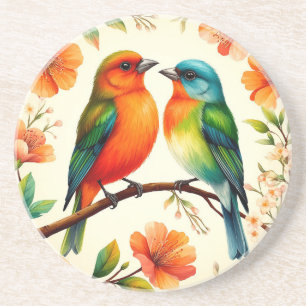 Colourful Pair of Birds Sitting Amid Vibrant Bloss Coaster