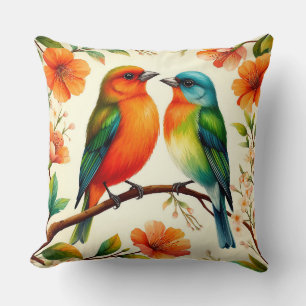 Colourful Pair of Birds Sitting Amid Vibrant Bloss Cushion