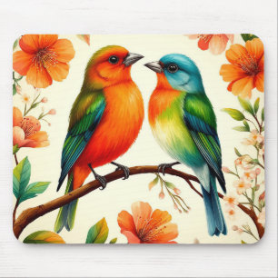 Colourful Pair of Birds Sitting Amid Vibrant Bloss Mouse Mat