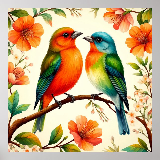 Colourful Pair of Birds Sitting Amid Vibrant Bloss Poster (Front)
