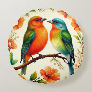 Colourful Pair of Birds Sitting Amid Vibrant Bloss Round Cushion