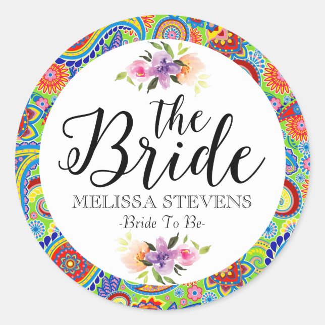 Colourful Paisley & Bride Black Typography Classic Round Sticker (Front)