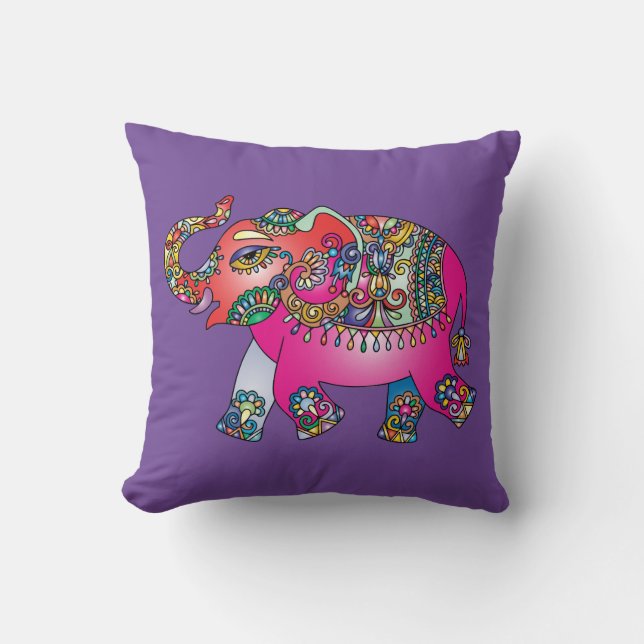 Colourful Paisley Elephant Drawing Cushion (Front)