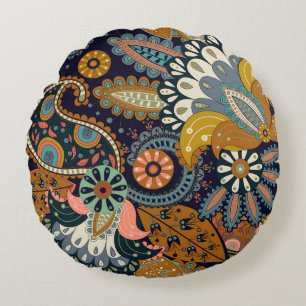 Colourful Paisley: Floral Indian Wallpaper. Round Cushion