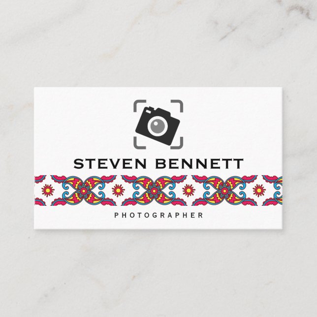 Colourful Paisley Flower | Photography Camera Icon Business Card (Front)
