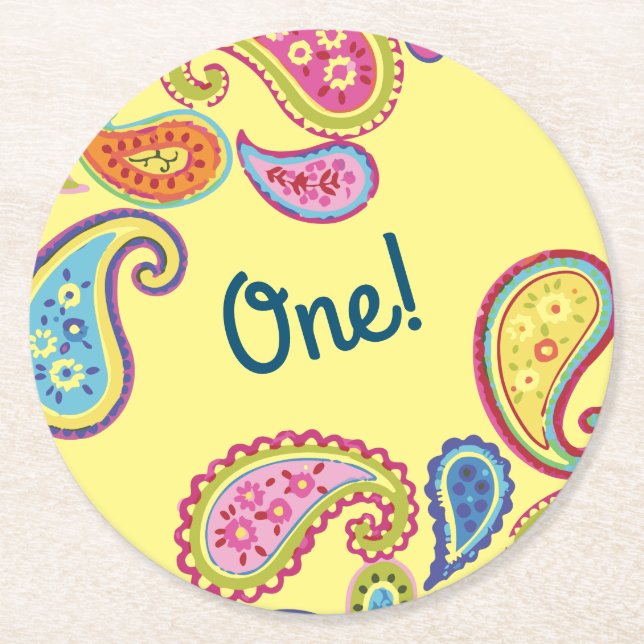 Colourful Paisley Kids Birthday Party Round Paper Coaster (Front)