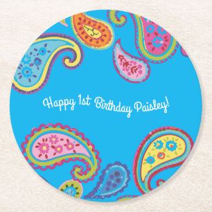 Colourful Paisley Kids Birthday Party Round Paper Coaster