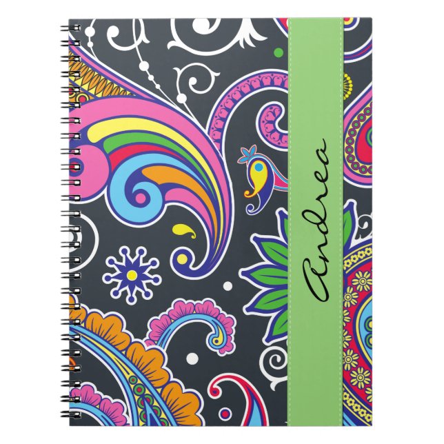 Colourful Paisley, Paisley Pattern, Your Name Notebook (Front)