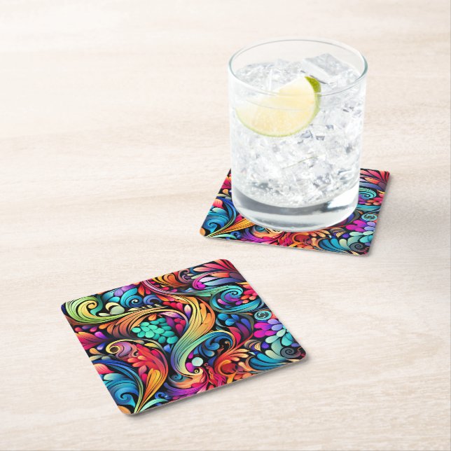 Colourful Paisley Pattern Square Paper Coaster (Insitu)