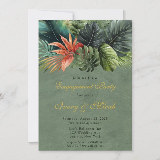 Colourful Palm Leaves Gold Engagement Party Invitation (Front)