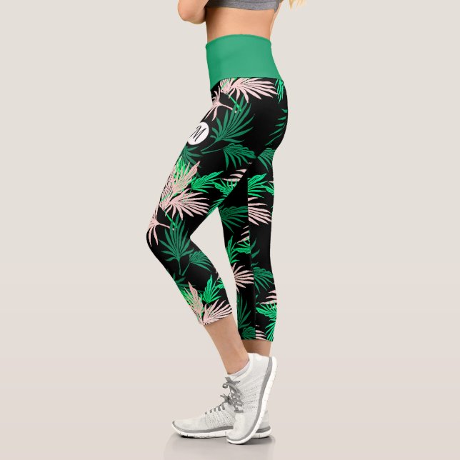 Colourful Palm Tree Leaves Monogram Tropical Vibes Capri Leggings (Left)