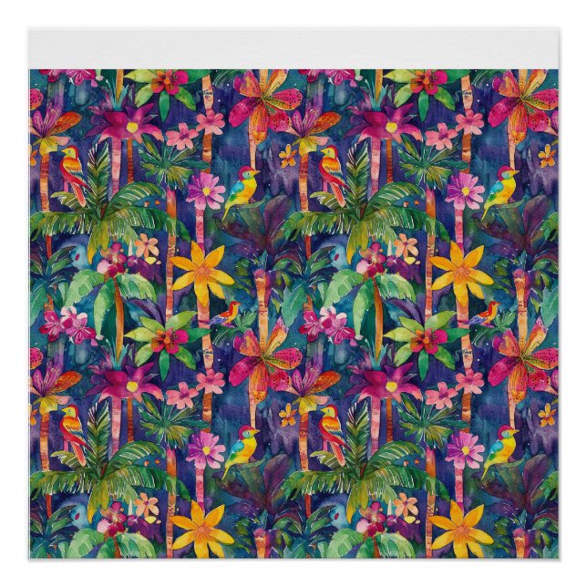 colourful palm trees and birds poster (Front)