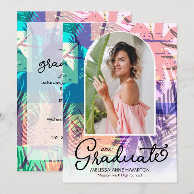 Colourful Palms Photo Graduation Party Invitation (Front/Back)