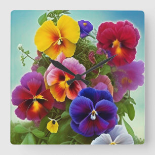 Colourful Pansies -AI ART Square Wall Clock